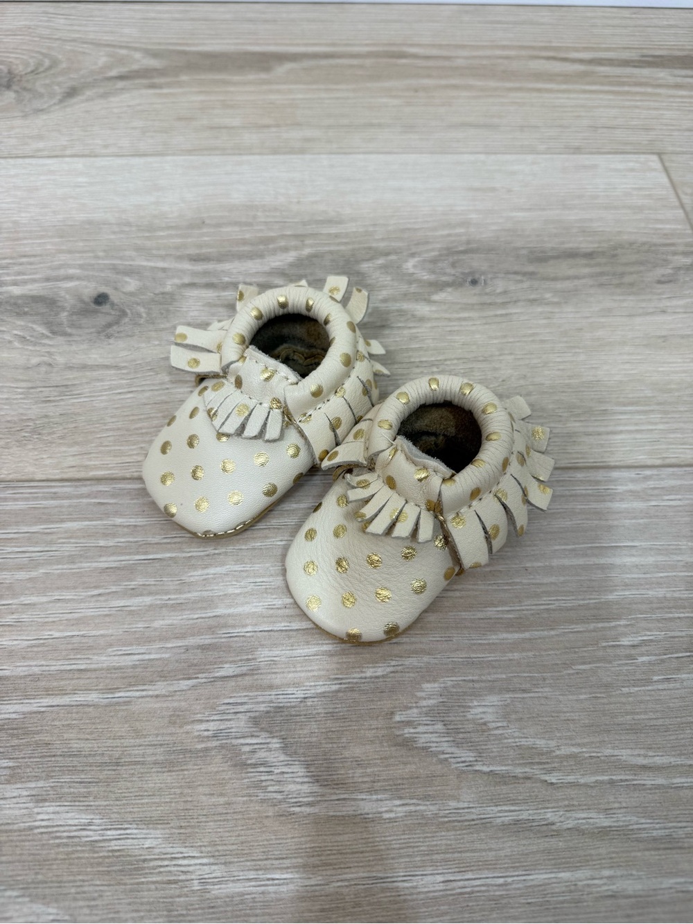 Freshly Picked Cream Gold Polkadot Leather Moccasins
